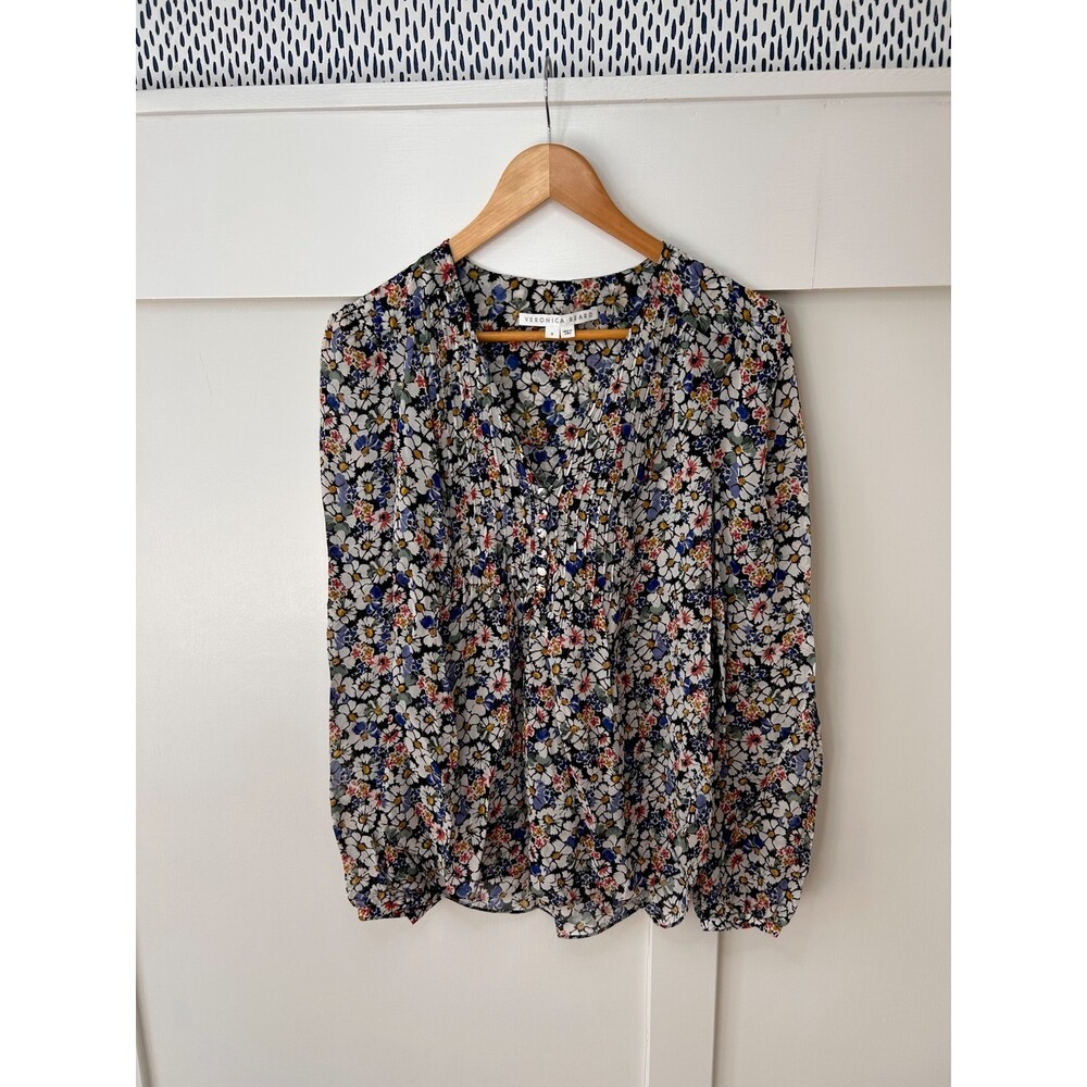VERONICA BEARD Women's Multicolor Floral Pleated V-Neck Long Sleeve Blouse